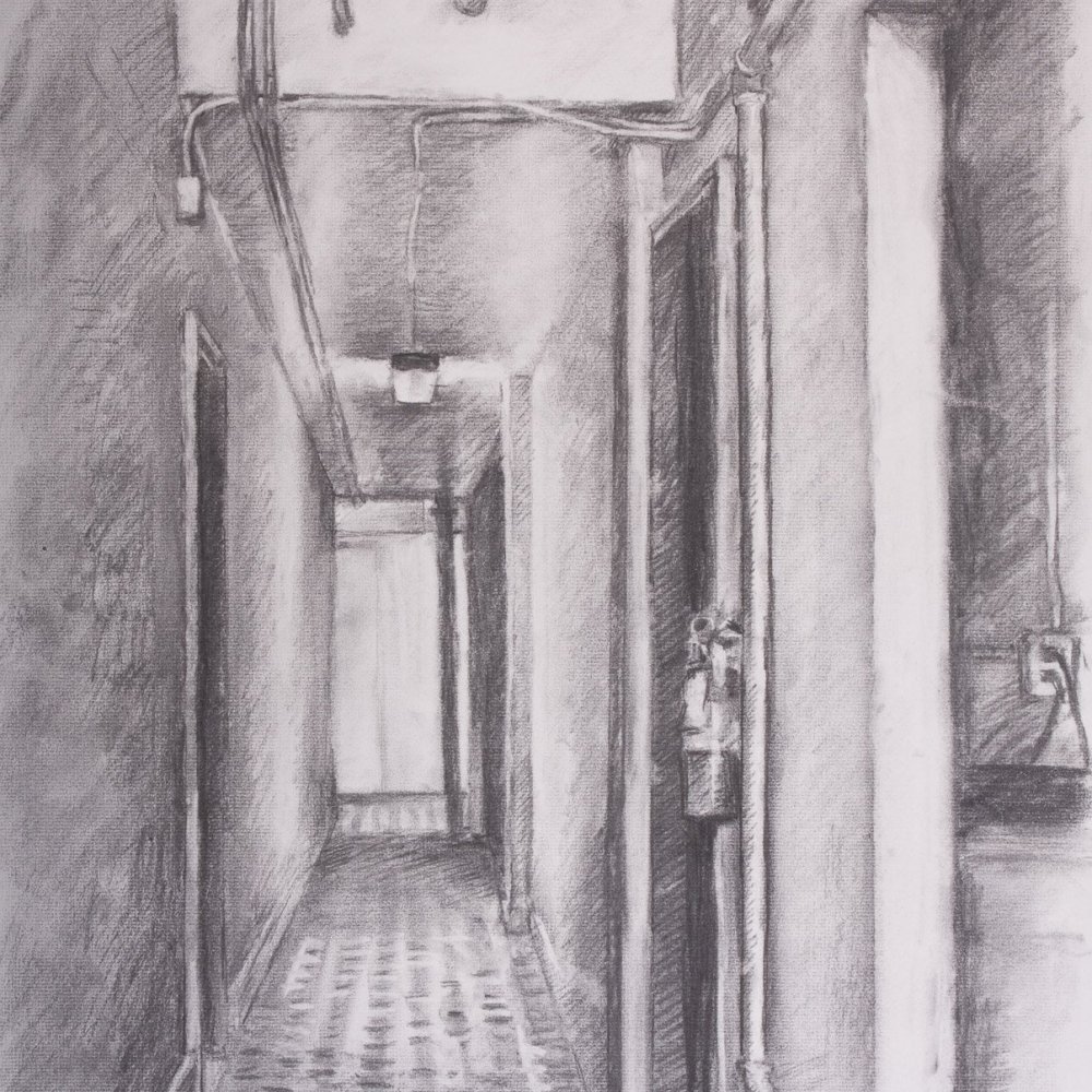 Exit, charcoal on paper, 14 x 11 in.