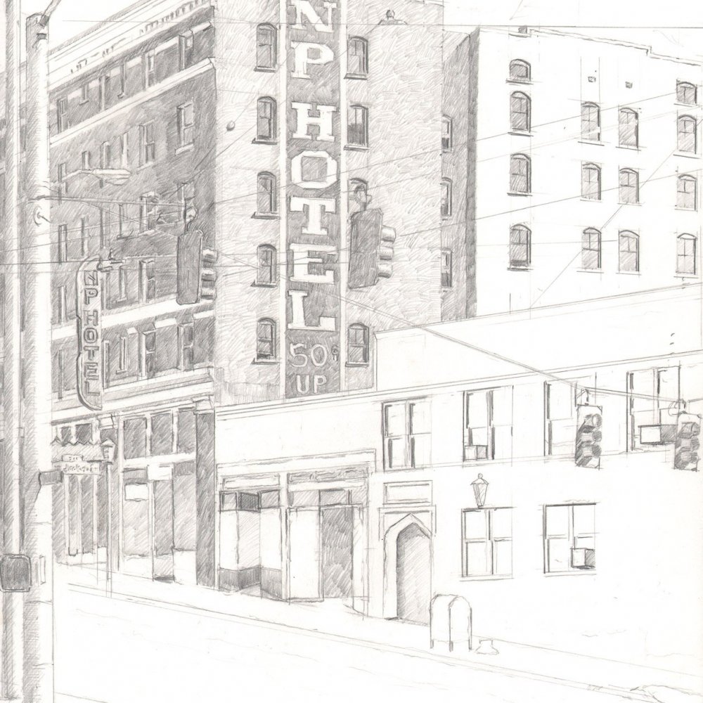 Hotel, pencil on paper, 14 x 11 in.