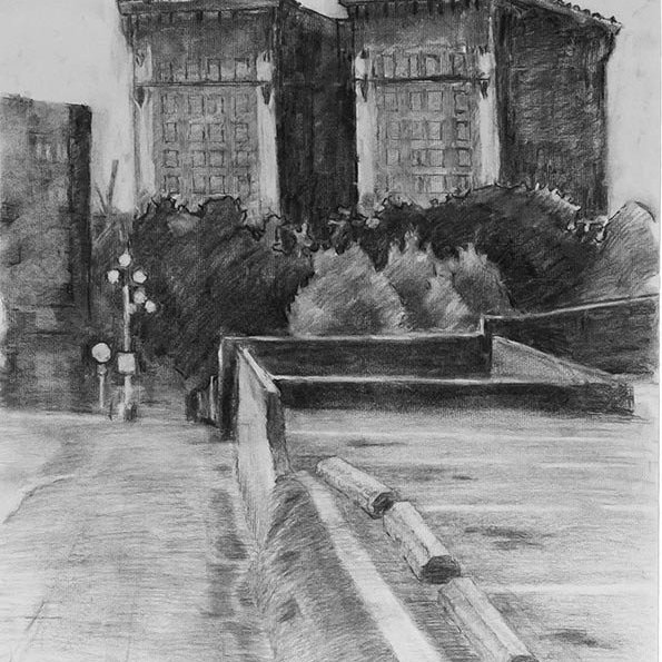 Looking West on Yesler, charcoal on paper, 24 x 18 in.