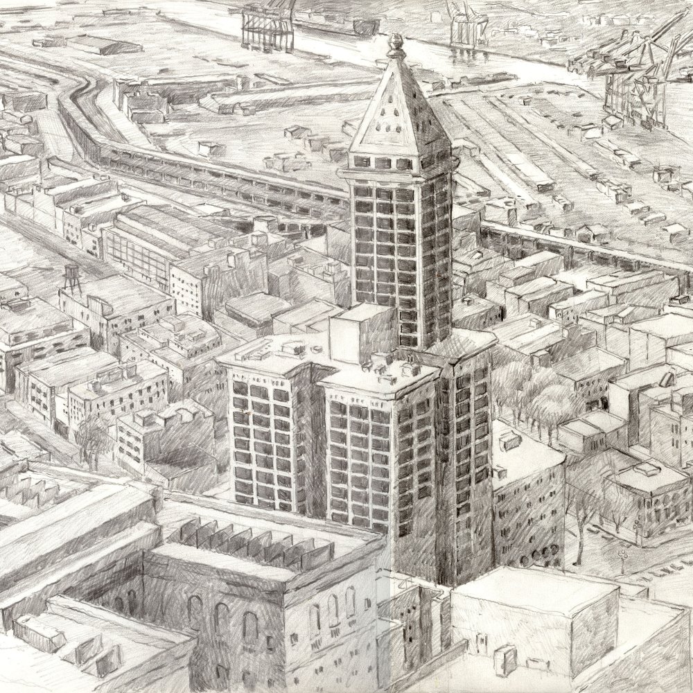 View From the Seattle Municipal Tower, pencil on bristol paper, 9 x 12 in.