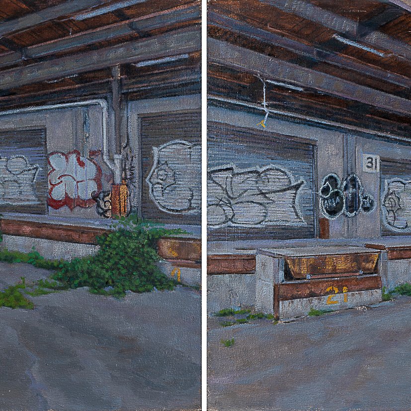 Studio 106, oil on canvas, 24 x 48 in. diptych. SOLD