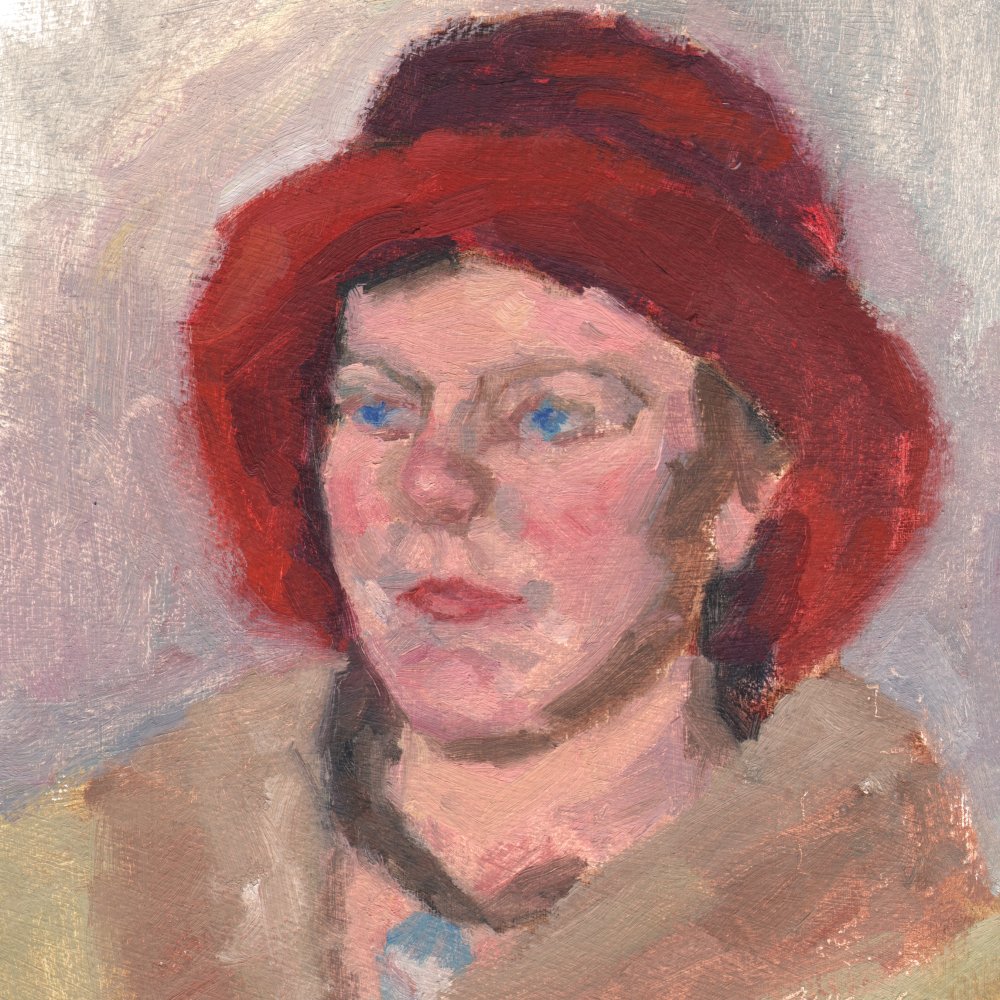 Red Hat, Blue Eyes, oil/treated paper, 12 x 10 in.