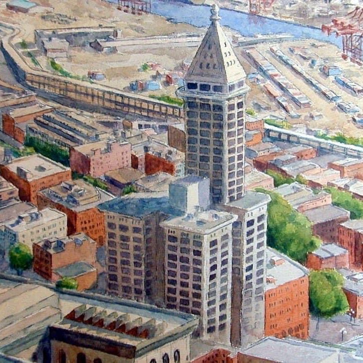 Smith Tower Afternoon, watercolor on paper, 16 x 20 in.
From the 44th floor of the Seattle Municipal Tower.