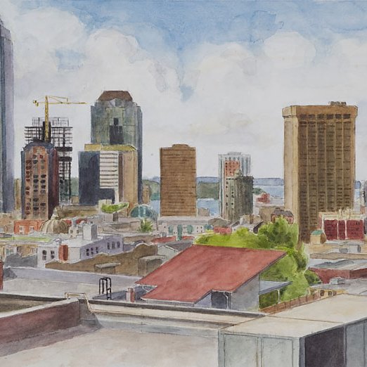 Looking West, Watercolor/paper, 14x21 in.
From the top floor of Seattle Central Community College.
