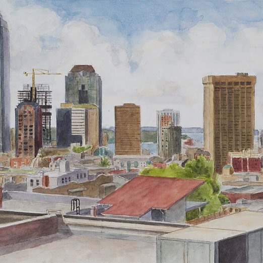 Looking West, Watercolor/paper, 14x21 in.
From the top floor of Seattle Central Community College.
